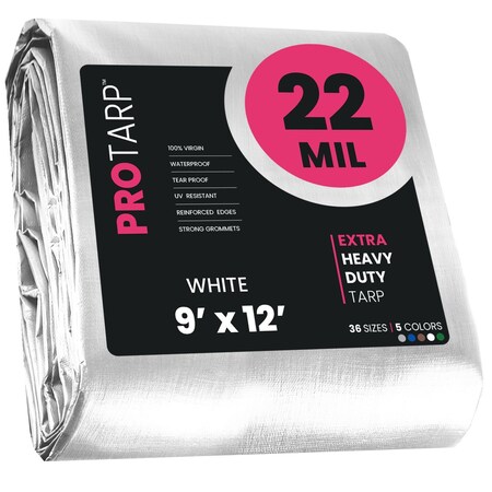 Protarp Heavy Duty Tarp, 9 ft x 12 ft, 22 Mil, White, Polyethylene, Waterproof, Rip and Tear Proof PT-204-9X12